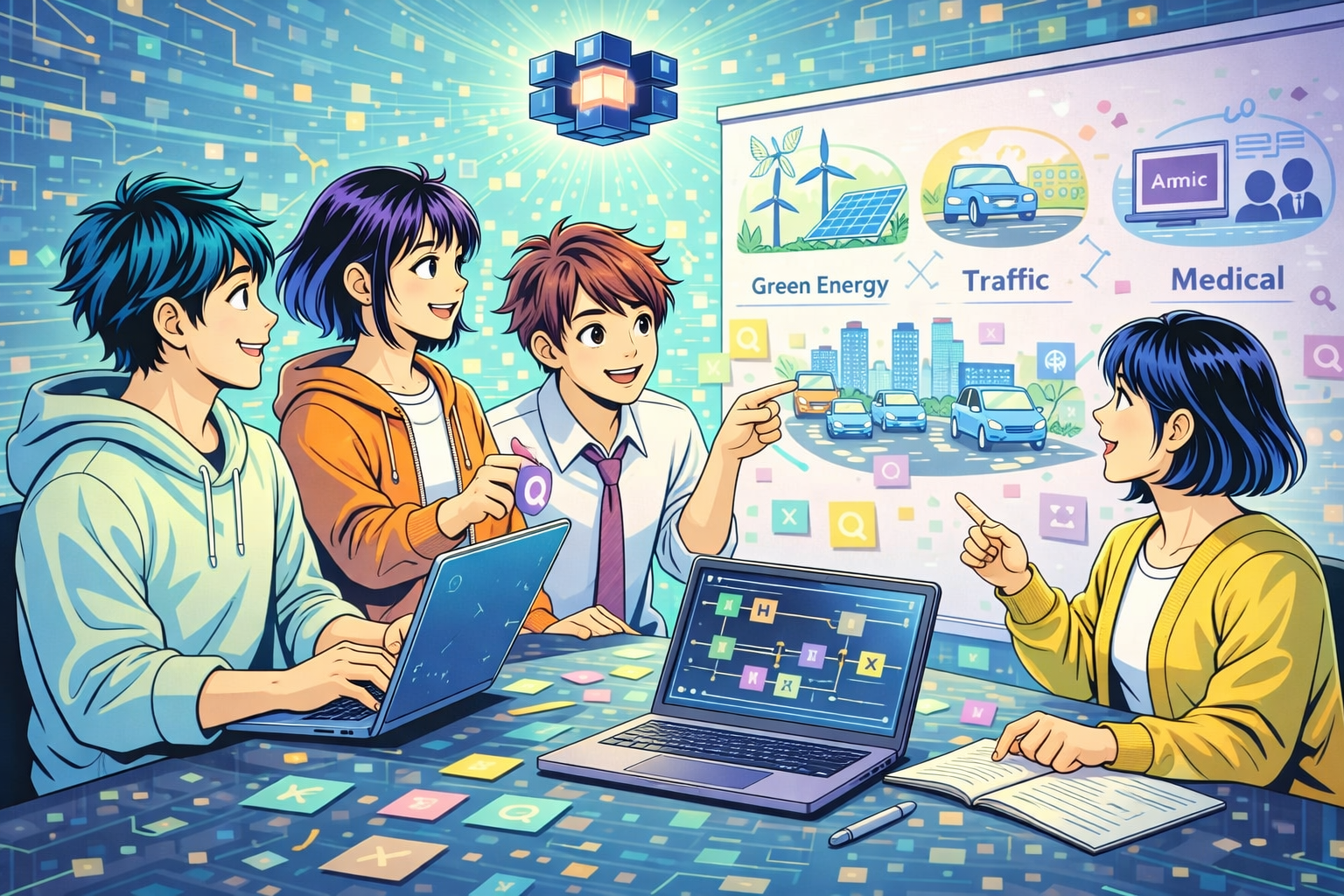 ホワイトボードを囲んでアイデアを出し合うアイデアソンのイメージイラスト