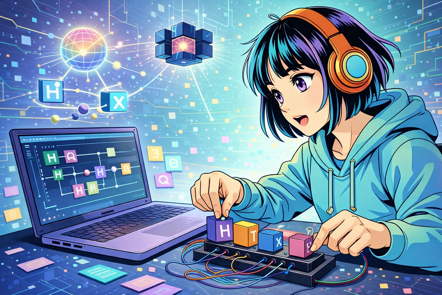 ノートPCで量子プログラミングを体験する様子のイメージイラスト