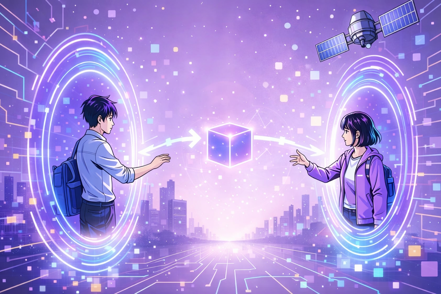 量子テレポーテーションと高速通信をイメージしたイラスト