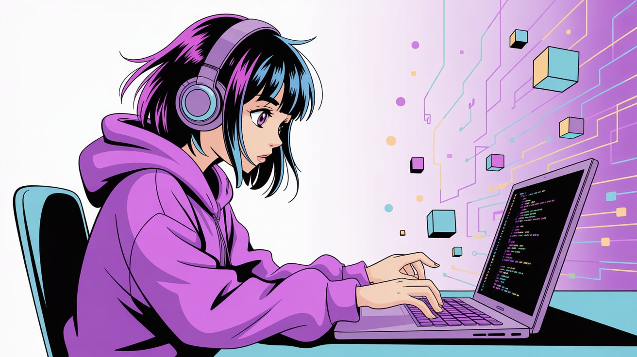 ヘッドホンをつけてノートPCで学ぶ高校生のイラスト