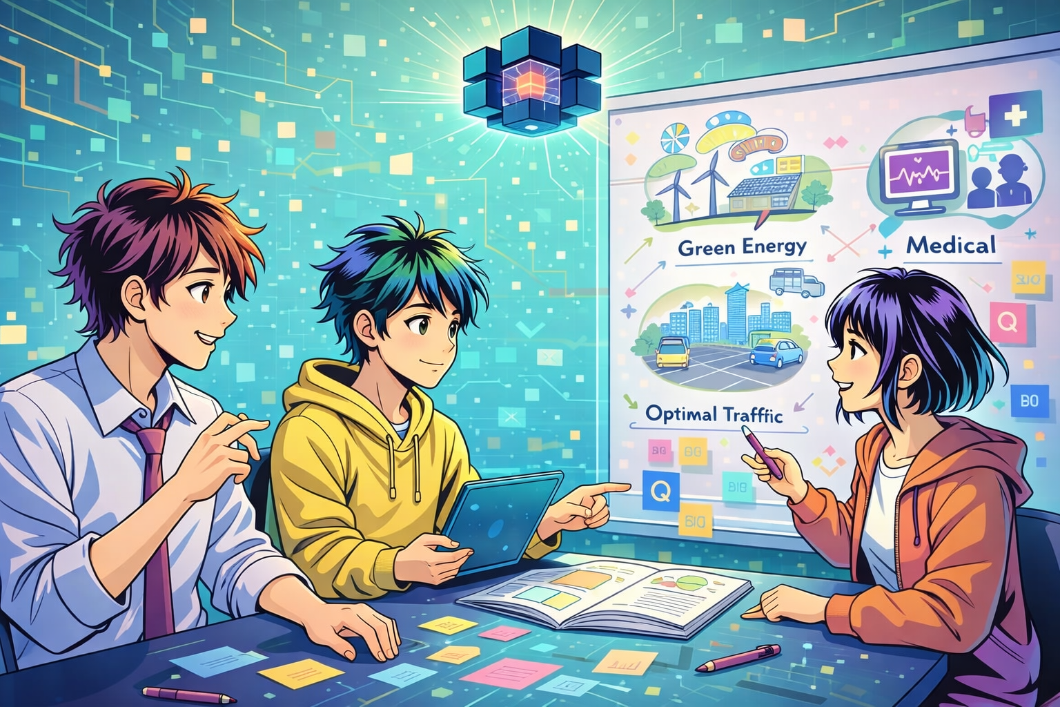 日常と量子技術をつなげて考える高校生たちのイメージイラスト